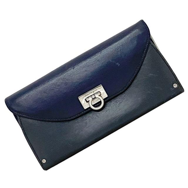サルヴァトーレ フェラガモ 二つ折り 長財布 ec-22285 ネイビー ガンチーニ 財布 レザー 中古 JL-22 BO65 Salvatore Ferragamo シンプル ロゴ フラップ ヴィンテージ 定番 人気 紺色 小物 革 ロング ウォレット ワンポイント レディース ブランド 本物 鑑定済みの通販は