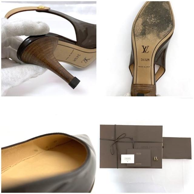 ルイ ヴィトン ミュール ec-22366 ブラウン ベージュ 美品 22.0cm パテント レザー ヌメ革 中古 BO0064 LOUIS VUITTON ピンヒール レディース シューズ アパレル エナメル シンプル お洒落 靴 通勤 通学 仕事 ヒール 6cm 高級感 上品 ブランド 本物 鑑定済み