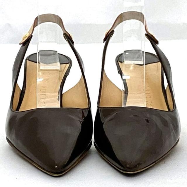 ルイ ヴィトン ミュール ec-22366 ブラウン ベージュ 美品 22.0cm パテント レザー ヌメ革 中古 BO0064 LOUIS VUITTON ピンヒール レディース シューズ アパレル エナメル シンプル お洒落 靴 通勤 通学 仕事 ヒール 6cm 高級感 上品 ブランド 本物 鑑定済み