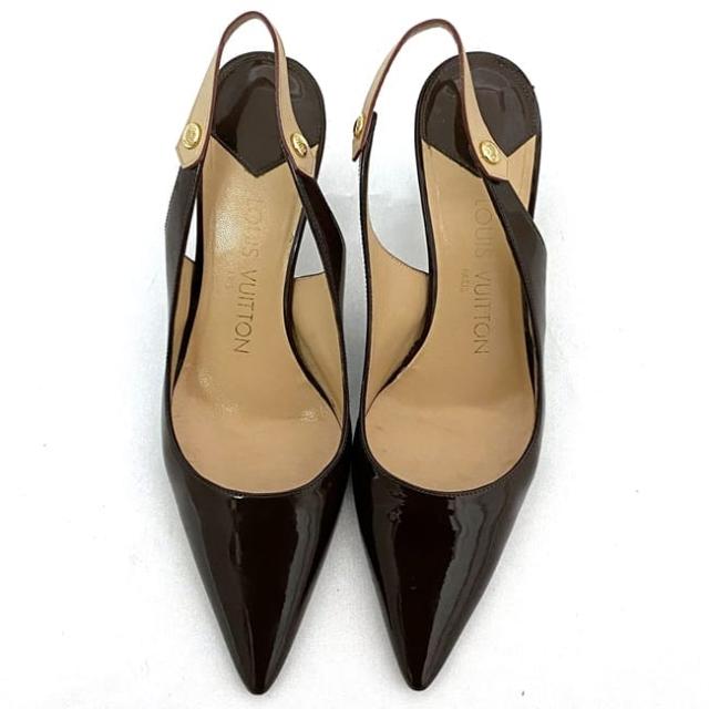 ルイ ヴィトン ミュール ec-22366 ブラウン ベージュ 美品 22.0cm パテント レザー ヌメ革 中古 BO0064 LOUIS VUITTON ピンヒール レディース シューズ アパレル エナメル シンプル お洒落 靴 通勤 通学 仕事 ヒール 6cm 高級感 上品 ブランド 本物 鑑定済み