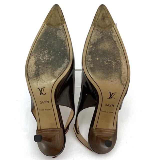 ルイ ヴィトン ミュール ec-22366 ブラウン ベージュ 美品 22.0cm パテント レザー ヌメ革 中古 BO0064 LOUIS VUITTON ピンヒール レディース シューズ アパレル エナメル シンプル お洒落 靴 通勤 通学 仕事 ヒール 6cm 高級感 上品 ブランド 本物 鑑定済み