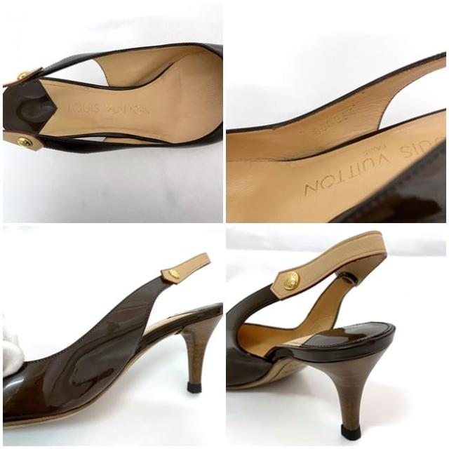 ルイ ヴィトン ミュール ec-22366 ブラウン ベージュ 美品 22.0cm パテント レザー ヌメ革 中古 BO0064 LOUIS VUITTON ピンヒール レディース シューズ アパレル エナメル シンプル お洒落 靴 通勤 通学 仕事 ヒール 6cm 高級感 上品 ブランド 本物 鑑定済み