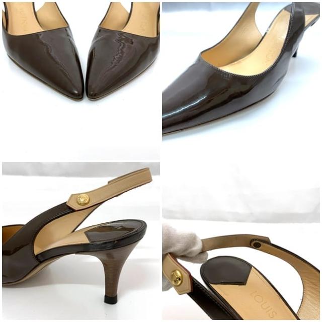 ルイ ヴィトン ミュール ec-22366 ブラウン ベージュ 美品 22.0cm パテント レザー ヌメ革 中古 BO0064 LOUIS VUITTON ピンヒール レディース シューズ アパレル エナメル シンプル お洒落 靴 通勤 通学 仕事 ヒール 6cm 高級感 上品 ブランド 本物 鑑定済み