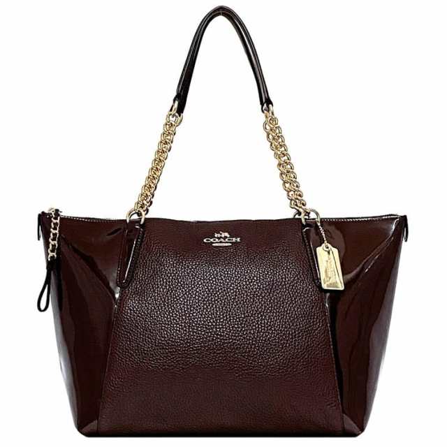 コーチ トートバッグ ec-22646 ボルドー F55443 美品 パテント レザー  COACH シンプル エナメル チャーム付 チェーン ファスナー 定番 人気 女性 レディース 通勤 通学 仕事 ビジネス バッグ 鞄 トート 革 お洒落 エレガント 上品 ブランド 本物 鑑定済み