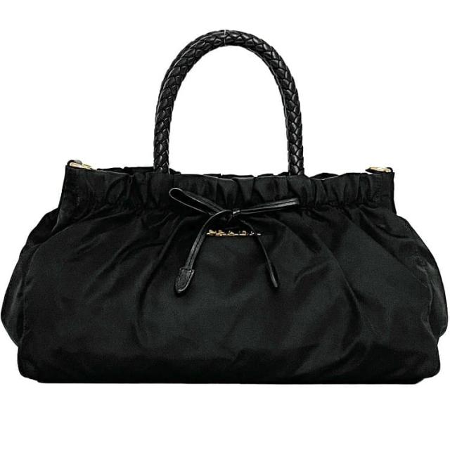 プラダ ハンドバッグ ec-22760 ブラック NERO BN1631 美品 ナイロン レザー 中古 31 PRADA リボン ワンポイント ロゴ 軽い ギャザー ヴィンテージ シンプル 黒 人気 定番 お洒落 上品 可愛い 高級感 エレガント レディース 女性 ブランド 本物 鑑定済み