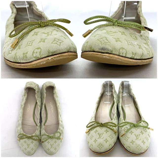 ルイ ヴィトン フラットシューズ ec-22814 ライトグリーン モノグラム ミニ 美品 24.0cm キャンバス ラバー 中古 AR0093 LOUIS VUITTON リボン 靴 バレエシューズ 総柄 ヴィンテージ レディース アパレル ロゴ お洒落 シューズ 高級感 ブランド 本物 鑑定済み