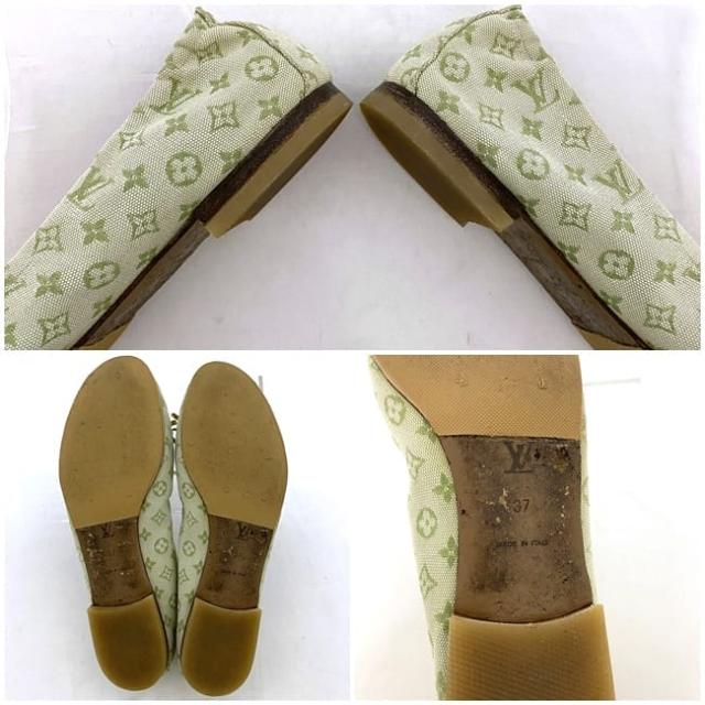 ルイ ヴィトン フラットシューズ ec-22814 ライトグリーン モノグラム ミニ 美品 24.0cm キャンバス ラバー 中古 AR0093 LOUIS VUITTON リボン 靴 バレエシューズ 総柄 ヴィンテージ レディース アパレル ロゴ お洒落 シューズ 高級感 ブランド 本物 鑑定済み