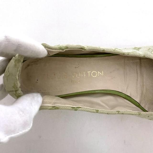 ルイ ヴィトン フラットシューズ ec-22814 ライトグリーン モノグラム ミニ 美品 24.0cm キャンバス ラバー 中古 AR0093 LOUIS VUITTON リボン 靴 バレエシューズ 総柄 ヴィンテージ レディース アパレル ロゴ お洒落 シューズ 高級感 ブランド 本物 鑑定済み