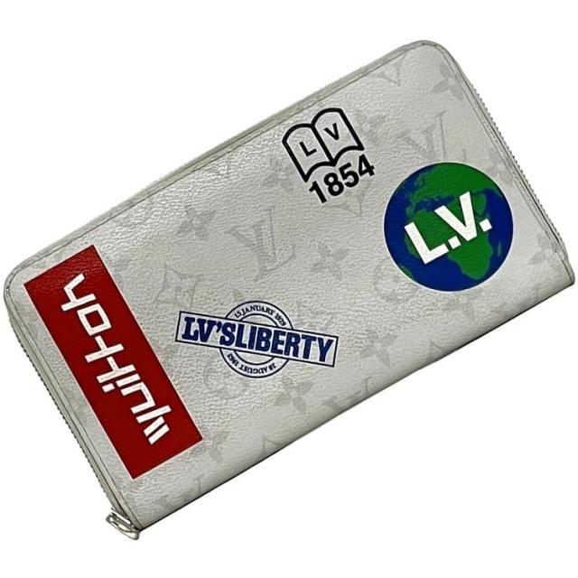 ルイ ヴィトン 長財布 ジッピー オーガナイザー ec-22851 グレー レッド マルチカラー モノグラム ロゴストーリー M67824 ラウンド ファスナー 財布 美品 モノグラムキャンバス 中古 CA1189 LOUIS VUITTON プリント LV 地球 1854 大容量 ブランド 本物 鑑定済