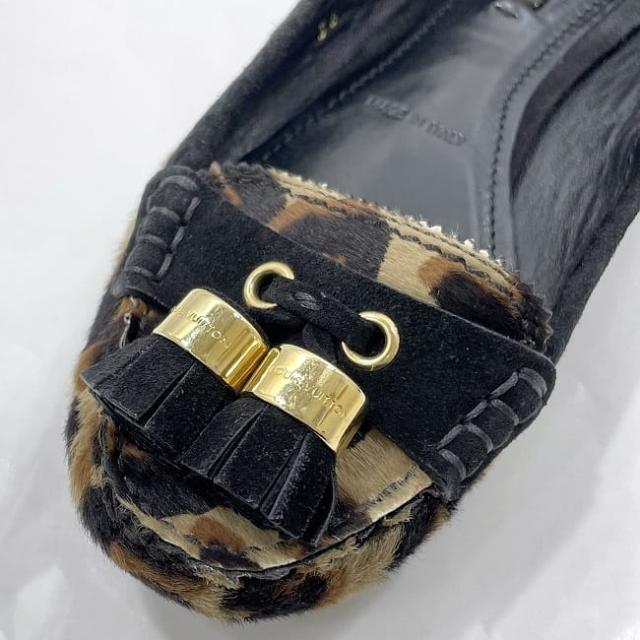 ルイ ヴィトン フラットシューズ ec-22895 ブラック レオパード 23.0cm 美品 ハラコ スエード 中古 FA0142 LOUIS VUITTON タッセル 黒 ヒョウ柄 アパレル シューズ レディース 靴 パンプス 女性 ぺたんこ アニマル柄 フリンジ ブランド 本物 鑑定済み