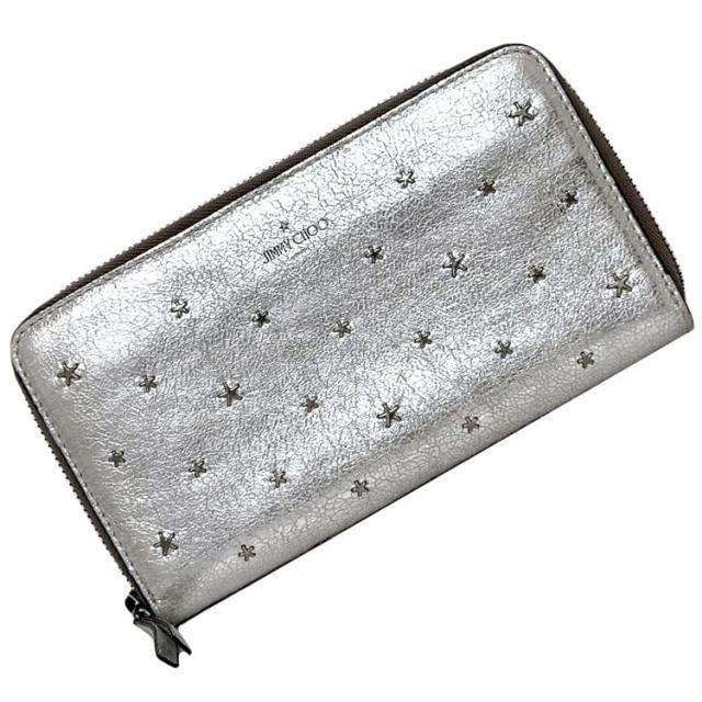 ジミーチュウ ラウンドファスナー 長財布 ec-23035 シルバー 美品 財布 レザー スタッズ 中古 JIMMY CHOO 星 ファスナー メタリック シンプル 定番 人気 女性 レディース 革 小物 お洒落 スター ロング ウォレット 星柄 エレガント 上品 ブランド 本物 鑑定済み