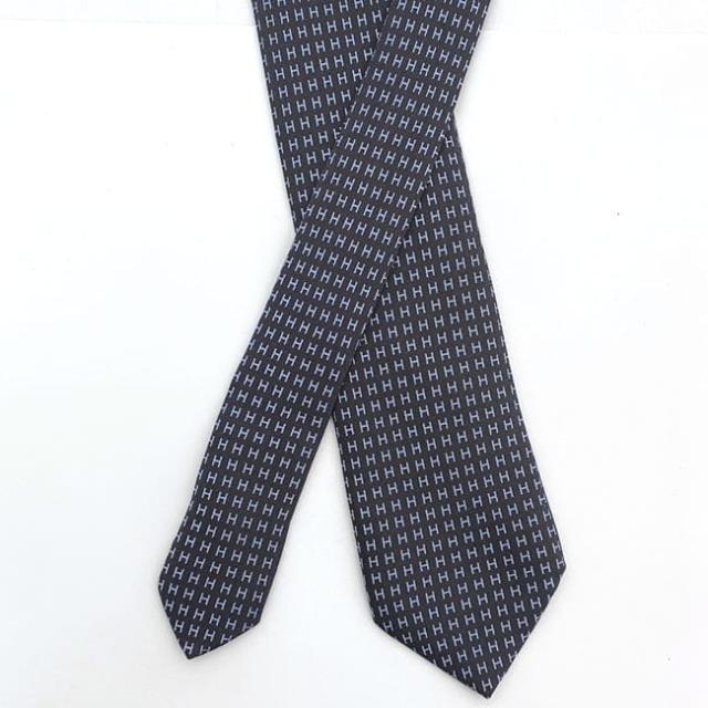 エルメス ネクタイ ec-23210 グレー ネイビー 美品 クリーニング済み