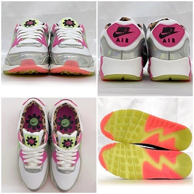 ナイキ スニーカー ウィメンズ エアマックス 90 LX ホログラフィック ec-23379 ホワイト シルバー ピンク レオパード エア マックス CQ2559 100 未使用 24.0cm US7 合成樹脂 合成繊維 ゴム Sランク NIKE 靴 女性 Air Max 90 LX Holographic 白 本物 鑑定済み
