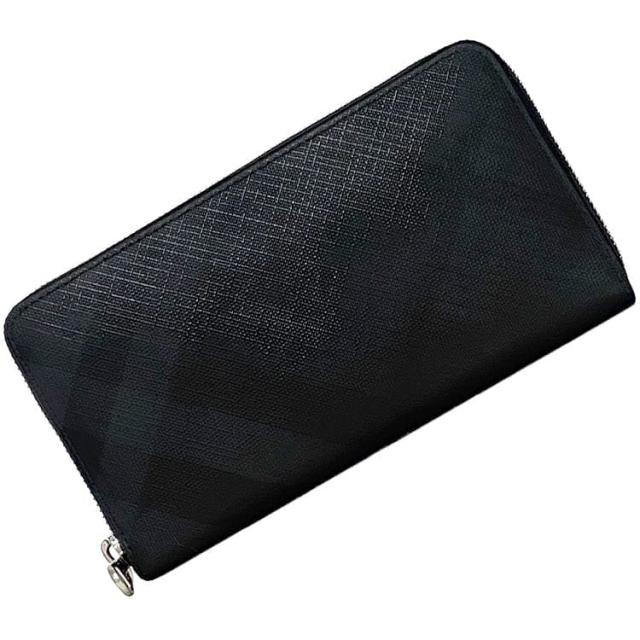 バーバリー ラウンドファスナー 長財布 ec-23505 ブラック 財布 PVC レザー 中古 BURBERRY チェック柄 ファスナー ロング ウォレット シンプル 黒 メンズ レディース 定番 人気 柄 さいふ 大容量 シルバー金具 コーティングレザー ブランド 本物 鑑定済み