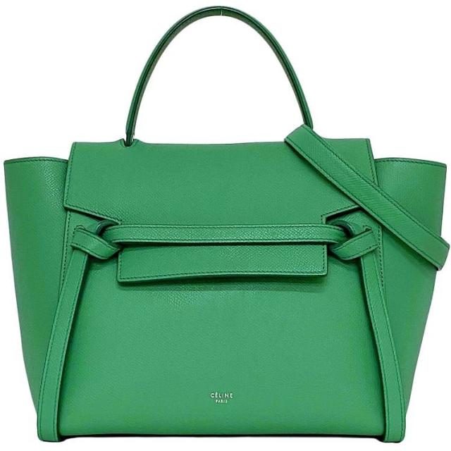 セリーヌ ２way バッグ ベルトバッグ グリーン 189153 美品 トップハンドル ショルダーバッグ カーフ レザー 中古 CELINE ハンドバッグ フラップ 肩掛け 緑 肩掛け 人気 高級感 上品 エレガント 無地 お洒落 女性 レディース 華やか 鞄 ブランド 本物 鑑定済み
