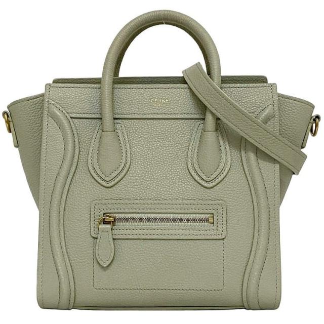 セリーヌ ２way ショルダーバッグ ラゲージ ナノショッパー f-21150 ライトグリーン 美品 レザー ドラムドカーフ 中古 CELINE 肩掛け トップハンドル 自立 肩掛け 斜め掛け 人気 高級感 上品 女性 レディース シンプル コンパクト 鞄 ブランド 本物 鑑定済み