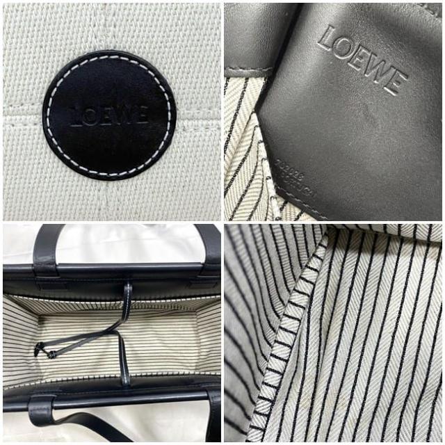 ロエベ トートバッグ クッショントート f-21580 ナチュラルホワイト ブラック アナグラム 330.02AB90 美品 キャンバス レザー 中古 702028 LOEWE ロゴ 肩掛け 自立 軽い 書類 キャンバストート 白 人気 定番 通勤 通学 女性 お洒落 黒 ブランド 本物 鑑定済み