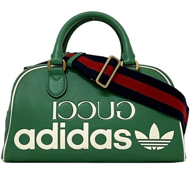 グッチ アディダス ２way バッグ ミニ ダッフルバッグ f-21830 グリーン 727558 美品 コラボ レザー 中古 525040 GUCCI adidas トートバッグ ショルダーバッグ ロゴ 大容量 クロスボディ 自立 緑 人気 定番 カジュアル シンプル  ブランド 本物 鑑定済み