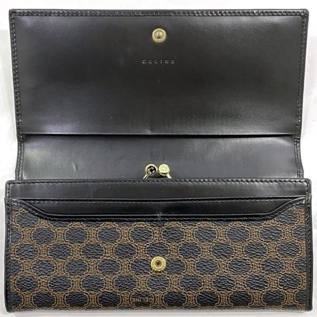 セリーヌ 二つ折り 長財布 f-21899 ブラック ブラウン マカダム DF 0P227 300 00 美品 がまぐち PVC レザー 中古 M/00/1 CELINE ヴィンテージ ロゴ ガマグチ フラップ ホック 定番 人気 シンプル 上品 高級感 お洒落 エレガント 茶色 黒 ブランド 本物 鑑定済み