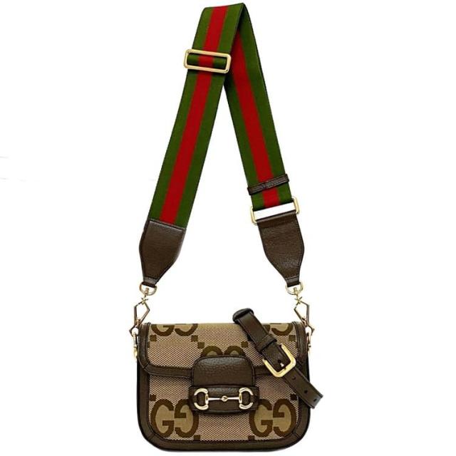 グッチ ショルダーバッグ f-22018 ブラウン ベージュ ホースビット ジャンボＧＧ 658374 未使用 美品 キャンバス レザー Sランク 520981 GUCCI フラップ ミニ クロスボディ 斜め掛け ロゴ シェリー ２way バッグ 茶色 男性 女性 金金具 ブランド 本物 鑑定済み