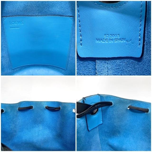 ロエベ ショルダーバッグ f-22495 ライトブルー ブラック バルーン 326.76AC31 巾着 美品 レザー 中古 522003 LOEWE 肩掛け 青 黒 クロスボディ アナグラム バイカラー 巾着バッグ レディース メンズ バイカラー 巾着ショルダー ダイス ブランド 本物 鑑定済み