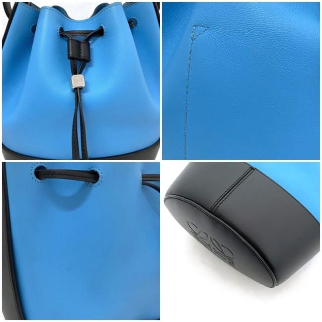 ロエベ ショルダーバッグ f-22495 ライトブルー ブラック バルーン 326.76AC31 巾着 美品 レザー 中古 522003 LOEWE 肩掛け 青 黒 クロスボディ アナグラム バイカラー 巾着バッグ レディース メンズ バイカラー 巾着ショルダー ダイス ブランド 本物 鑑定済み