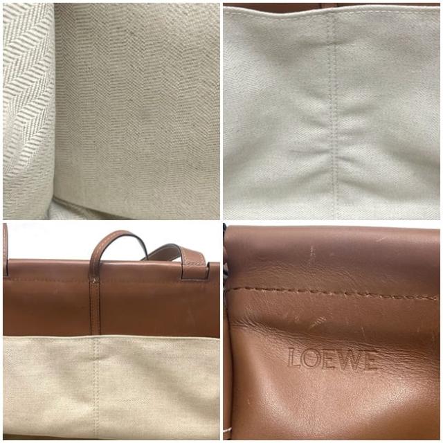 ロエベ トートバッグ クッション トート f-22698 ホワイト ブラウン アナグラム 330.02AA93 美品 キャンバス レザー 中古 701914 LOEWE 肩掛け 書類 シンプル ビジネス a4 軽い 白 ワンポイント ロゴ キャンバスバッグ 女性 男性 ブランド 本物 鑑定済み
