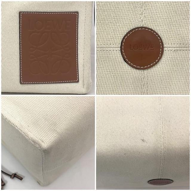 ロエベ トートバッグ クッション トート f-22698 ホワイト ブラウン アナグラム 330.02AA93 美品 キャンバス レザー 中古 701914 LOEWE 肩掛け 書類 シンプル ビジネス a4 軽い 白 ワンポイント ロゴ キャンバスバッグ 女性 男性 ブランド 本物 鑑定済み