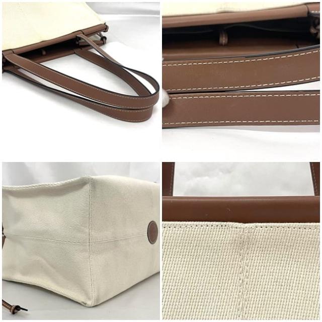 ロエベ トートバッグ クッション トート f-22698 ホワイト ブラウン アナグラム 330.02AA93 美品 キャンバス レザー 中古 701914 LOEWE 肩掛け 書類 シンプル ビジネス a4 軽い 白 ワンポイント ロゴ キャンバスバッグ 女性 男性 ブランド 本物 鑑定済み