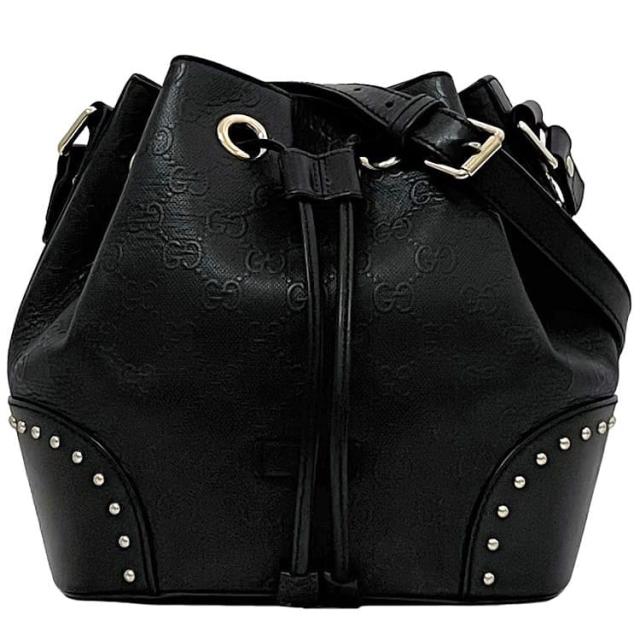 グッチ 巾着 ショルダーバッグ f-22751 ブラック ブライト ディアマンテ シマ 354229 美品 レザー スタッズ 中古 525040 GUCCI 巾着バッグ クロスボディ 肩掛け GG 柄 シンプル 黒 人気 定番 お洒落 上品 シンプル 高級感 エレガント ブランド 本物 鑑定済み