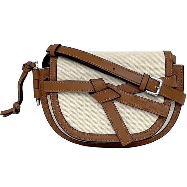 ロエベ ショルダーバッグ ゲートバッグ スモール f-23107 ブラウン ナチュラルホワイト ゲート 美品 コットンキャンバス スモール 中古 522107 LOEWE クロスボディ 白 茶色 フラップ 肩掛け ミニバッグ ポシェット ミニ ショルダーブランド 本物 鑑定済み