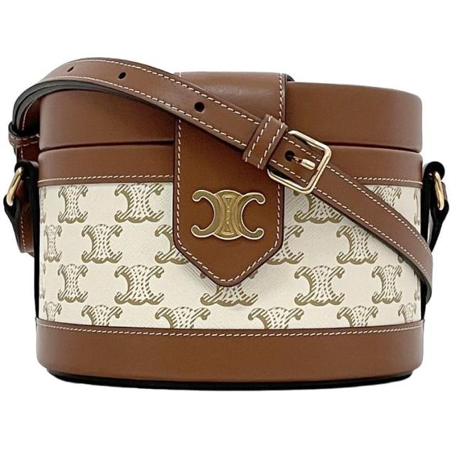 セリーヌ ショルダーバッグ タンブール f-23501 ホワイト ブラウン トリオンフ 195192BZJ 美品 PVC レザー 中古 U-9P-0221 CELINE ロゴ 金具 フラップ バケット 白 茶色 クロスボディ 自立 ロゴ金具 ゴールド金具 レディース ブランド 本物 鑑定済み