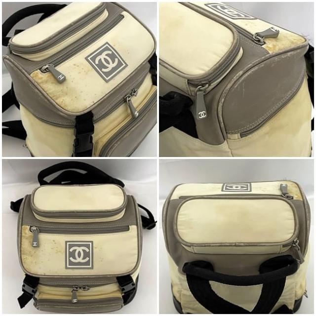 シャネル リュック ec-23604 グレー  ホワイト ブラック スポーツ A03595 訳あり ナイロン レザー 中古 6番台 CHANEL ココマーク シャネルスポーツ ミニリュック バックパック ヴィンテージ メンズ レディース ロゴ 定番 スポーツライン ブランド 本物 鑑定済 シャネル リュック ec-23604 グレー ホワイト ブラック スポーツ
