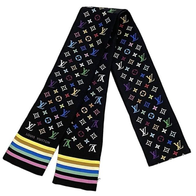 ルイ ヴィトン バンドー ec-23605 ブラック ノワール モノグラム マルチ M71992 美品 クリーニング済み シルク 100％ 中古 LOUIS VUITTON ツイリー リボン 総柄 ロゴ LV 小物 お洒落 黒色 黒 カラフル 定番 人気 レディース スカーフ ブランド 本物 鑑定済み