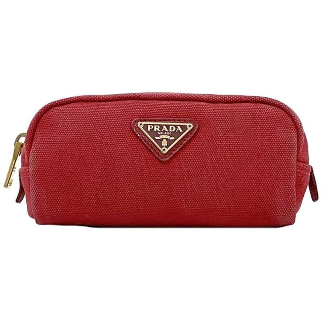 プラダ ポーチ ec-23611 レッド 1N0175 小物入れ キャンバス レザー 中古 204 PRADA ファスナー 三角 プレート ロゴ 定番 人気 レディース 小さい 赤色 赤 お洒落 シンプル ワンポイント 小物 ケース ミニ コンパクト 革 高級感 上品 ブランド 本物 鑑定済み