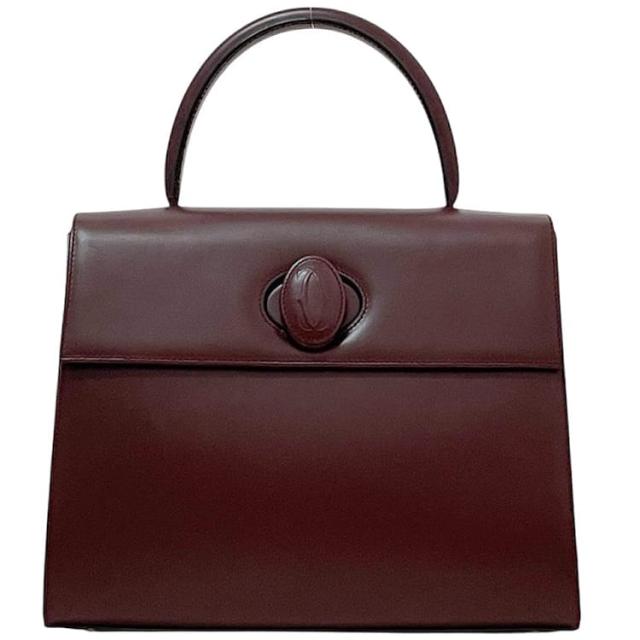 カルティエ ハンドバッグ ec-23782 ボルドー マスト 美品 レザー 中古 Cartier 自立 ワインレッド トップハンドル フラップ ターンロック レディース 女性 定番 人気 ヴィンテージ ロゴ マチ有 赤紫 本革 レザーバッグ シンプル ブランド 本物 鑑定済み