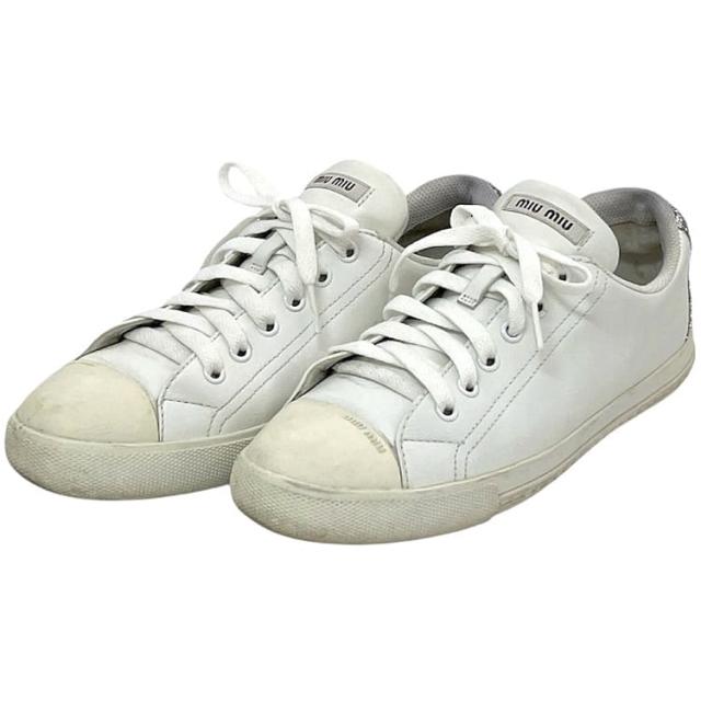 ミュウミュウ スニーカー ec-23805 ホワイト シルバー 5E927B 美品 24.5cm レザー スパンコール 中古 miu miu レディース 白 靴 シューズ ラメ ローカット 女性 37.5 サイズ カジュアル 普段使い おしゃれスニーカー シンプル アパレル ブランド 本物 鑑定済み