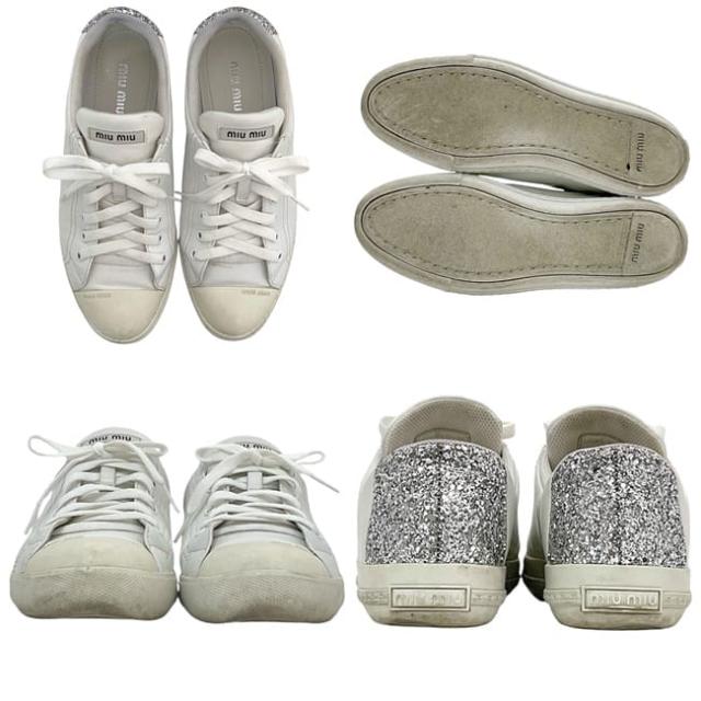 ミュウミュウ スニーカー ec-23805 ホワイト シルバー 5E927B 美品 24.5cm レザー スパンコール 中古 miu miu レディース 白 靴 シューズ ラメ ローカット 女性 37.5 サイズ カジュアル 普段使い おしゃれスニーカー シンプル アパレル ブランド 本物 鑑定済み