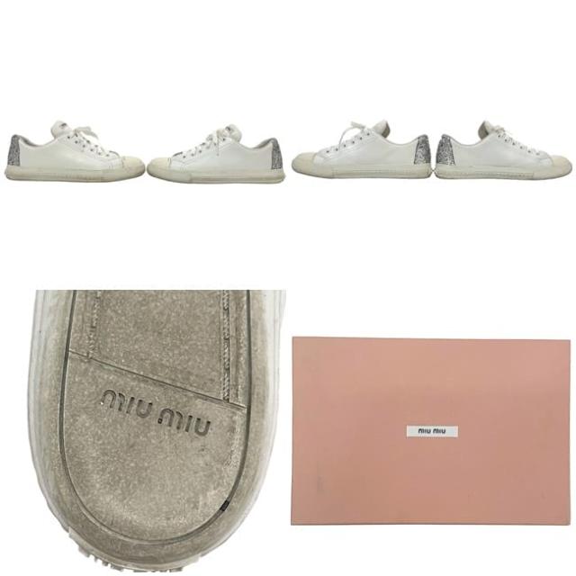 ミュウミュウ スニーカー ec-23805 ホワイト シルバー 5E927B 美品 24.5cm レザー スパンコール 中古 miu miu レディース 白 靴 シューズ ラメ ローカット 女性 37.5 サイズ カジュアル 普段使い おしゃれスニーカー シンプル アパレル ブランド 本物 鑑定済み