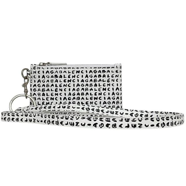 バレンシアガ カードケース ec-23809 ホワイト ブラック 594548 美品 レザー 中古 9188 S 203437 BALENCIAGA ケース 白 ファスナー パスケース 小銭入れ ロゴ 総柄 メンズ レディース ネックストラップ 小銭入れ ミニ 財布 ホルダー ブランド 本物 鑑定済