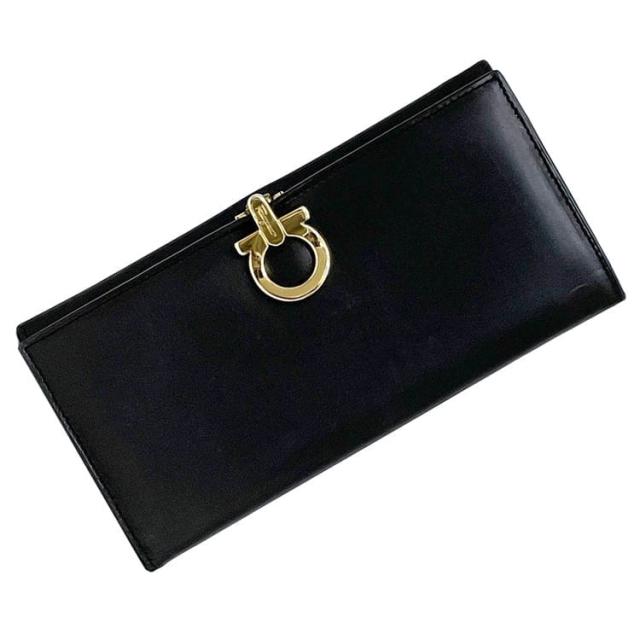 サルヴァトーレ フェラガモ 二つ折り 長財布 ec-23888 ブラック ガンチーニ 224008 財布 クリップ レザー 中古 Salvatore Ferragamo ロゴ 金具 カーフレザー 定番 人気 レディース メンズ 黒色 黒 革 シンプル ロング ウォレット 上品 ブランド 本物 鑑定済み