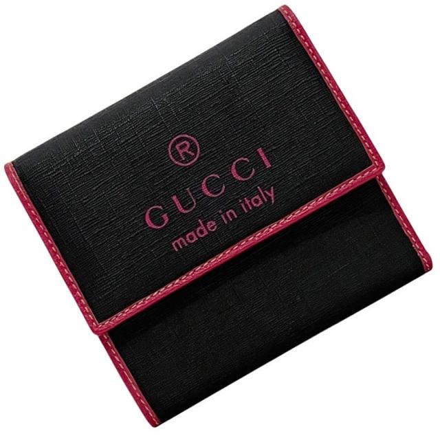グッチ 三つ折り 財布 ec-23919 ブラック ピンク 170400 美品 PVC レザー 中古 4906085 GUCCI コンパクト  ロゴ ホック 人気 定番 お洒落 高級感 エレガント シンプル 黒 ユニセックス レディース メンズ 女性 男性 カジュアル 革 ブランド 本物 鑑定済み