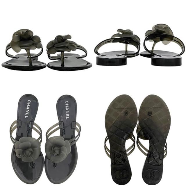 シャネル サンダル ec-23958 ブラック カメリア G26012X01618 美品 23.5cm ラバー 中古 CHANEL 37 レディース ココマーク 履物 ロゴ 金具 人気 定番 お洒落 シンプル 高級感 エレガント 黒 クリア 女性 靴 モチーフ 花 カジュアル ブランド 本物 鑑定済み