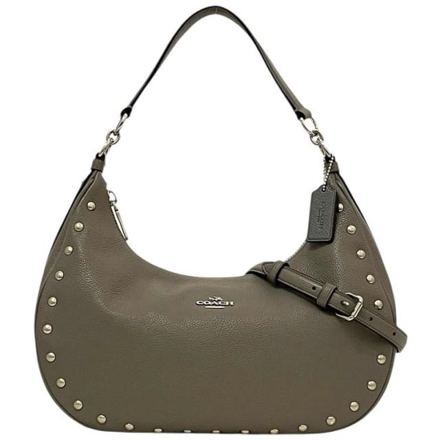 コーチ ２way バッグ ec-23985 グレー リベット F22548 美品 レザー 中古 COACH 肩掛け 舟形 クロスボディ ファスナー 人気 定番 お洒落 上品 シンプル エレガント 灰色 ユニセックス レディース メンズ 男女兼用 通勤 通学 カジュアル ブランド 本物 鑑定済み