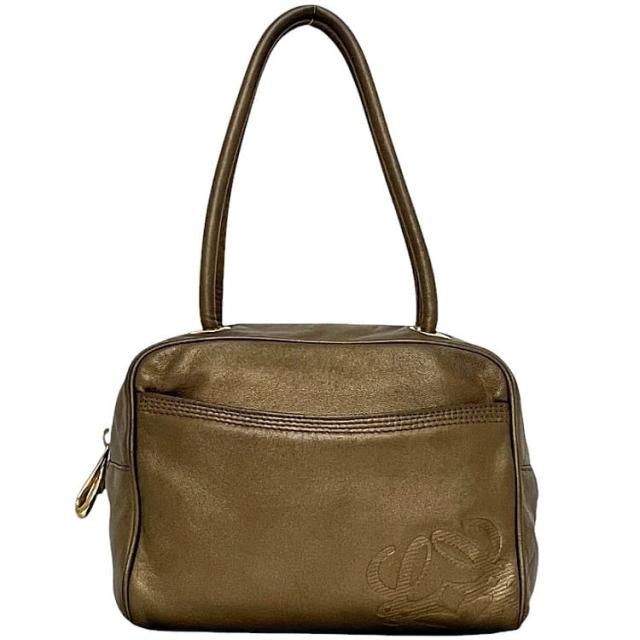 ロエベ ハンドバッグ ec-24062 ゴールド ブラウン アナグラム 美品 ナッパレザー 中古 LOEWE ヴィンテージ 金色 ロゴ ファスナー ミニバッグ レディース 女性 定番 人気 ソフトレザー バッグ ミニボストン ブランド 本物 鑑定済み
