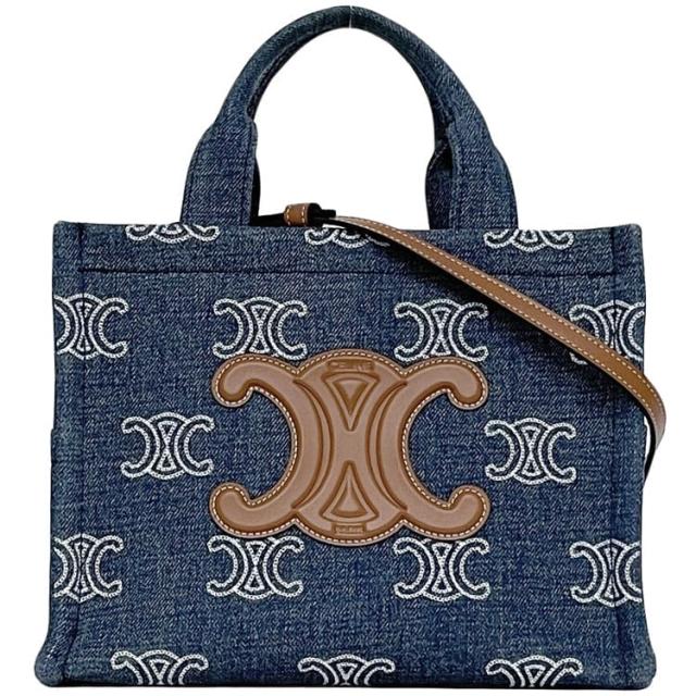 セリーヌ ２way バッグ カバタイス f-23699 ブルー ブラウン トリオンフ 199162FED.07AT 美品 デニム キャンバス レザー 中古 F-GA-2243 CELINE ロゴ クロスボディ トートバッグ ショルダーバッグ ハンドバッグ 定番 人気 レディース ブランド 本物 鑑定済み