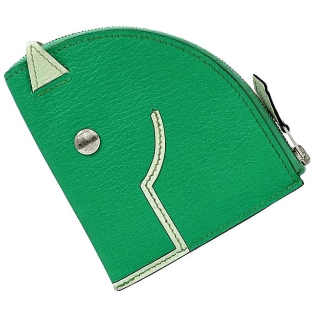 エルメス ケース f-23747 グリーン ミント 美品 小銭入れ レザー シェーブル 中古 Ｂ刻印 HERMES 財布 緑 ホース 馬 ファスナー 緑 セリエ金具 ヴィンテージ メンズ レディース 定番 人気 ウォレット シルバー金具 ブランド 本物 鑑定済み