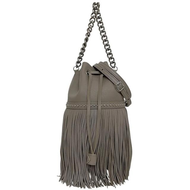 ジェイアンドエム デヴィッドソン ２way バッグ ミニ フリンジ カーニバル f-23973 グレー 1856N 美品 バケットバッグ レザー 中古 MBJ J&M DAVIDSON 巾着バッグ 巾着 ハンドバッグ 肩掛け ショルダーバッグ チェーン 灰色 人気 定番 ブランド 本物 鑑定済み