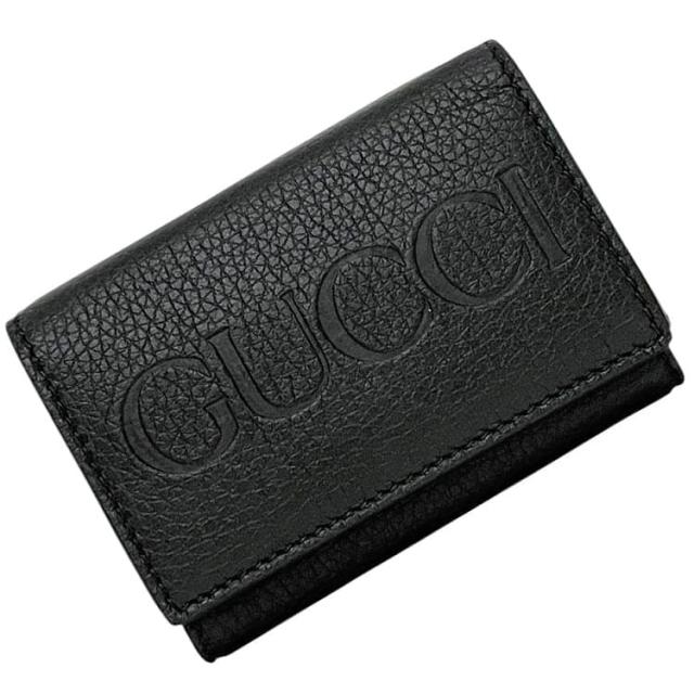 グッチ 三つ折り 財布 f-24073 ブラック 736151 未使用 美品 レザー Sランク 534563 GUCCI コンパクト 黒 新品同様 ロゴ エンボス グレインレザー ミニ 折り財布 箱付き メンズ レディース 男女兼用 定番 人気 プレゼントとしても ブランド 本物 鑑定済み