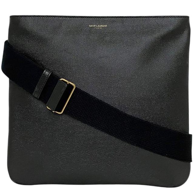 サンローラン ショルダーバッグ f-24087 ブラック 326858 美品 レザー 中古 527066 SAINT LAURENT PARIS サコッシュ 黒 クロスボディ グレインレザー ファスナー 薄型 シンプル ロゴ メンズ レディース 男女兼用 定番 人気 革 斜め掛け ブランド 本物 鑑定済み